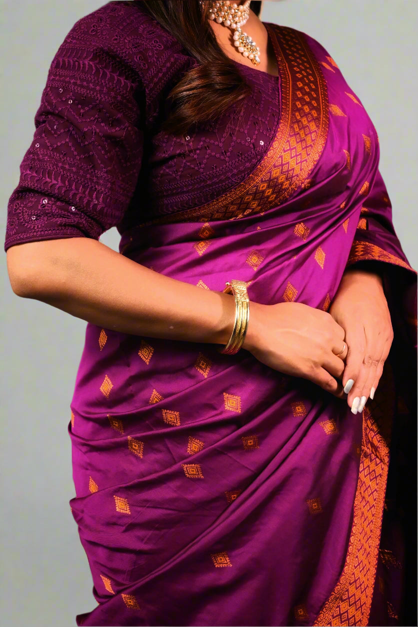 Assam Handmade Purple & Gold Mixed Pat Silk Mix Saree